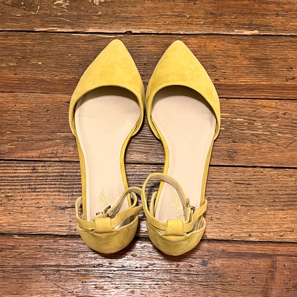 Seychelles yellow suede flats with ankle strap